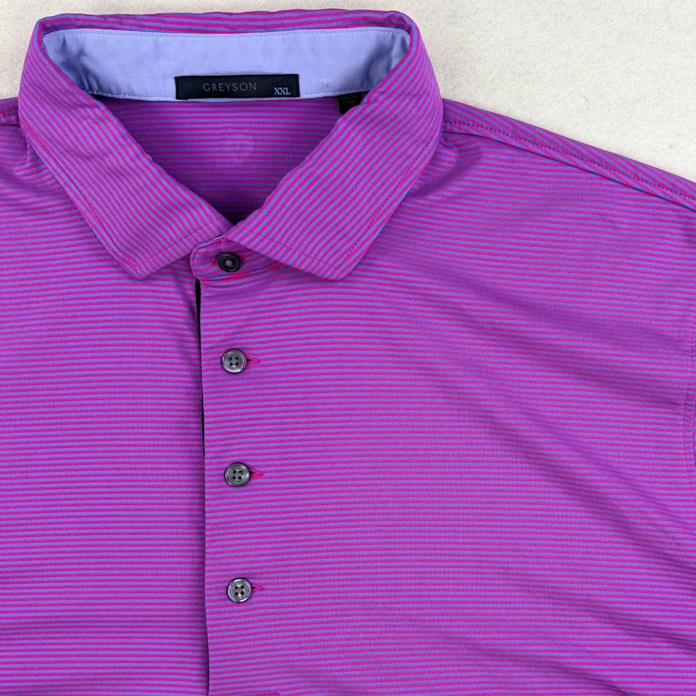 Greyson Mens XXL Purple Blue Micro Stripe Performance Golf Polo Shirt 1899 Logo